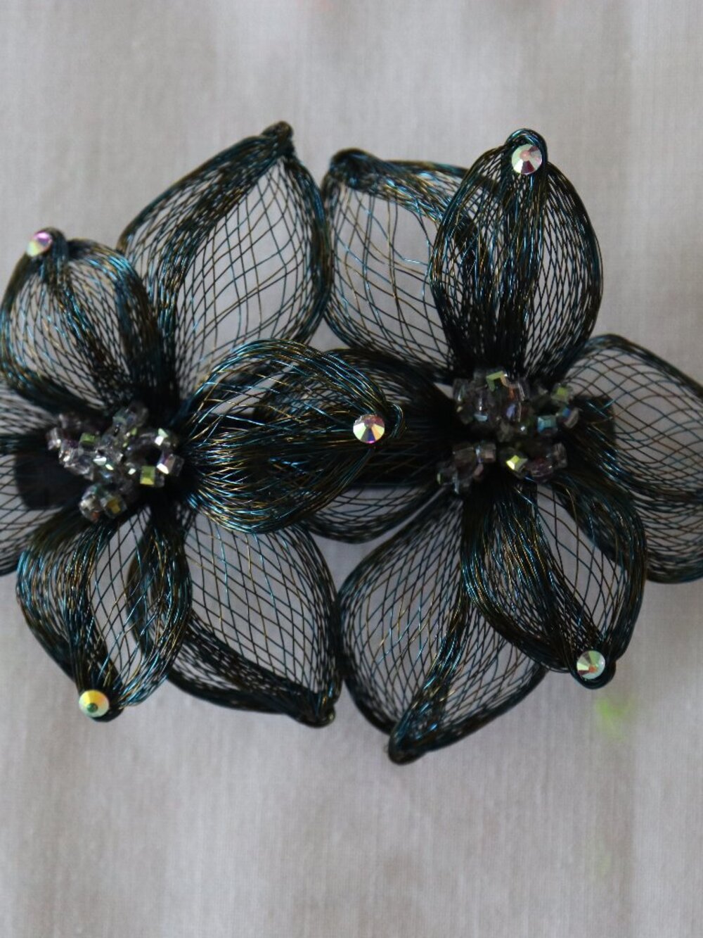 French Barrette Hand made Blue/Black copper mesh rhinestones glass beads 5"x3"